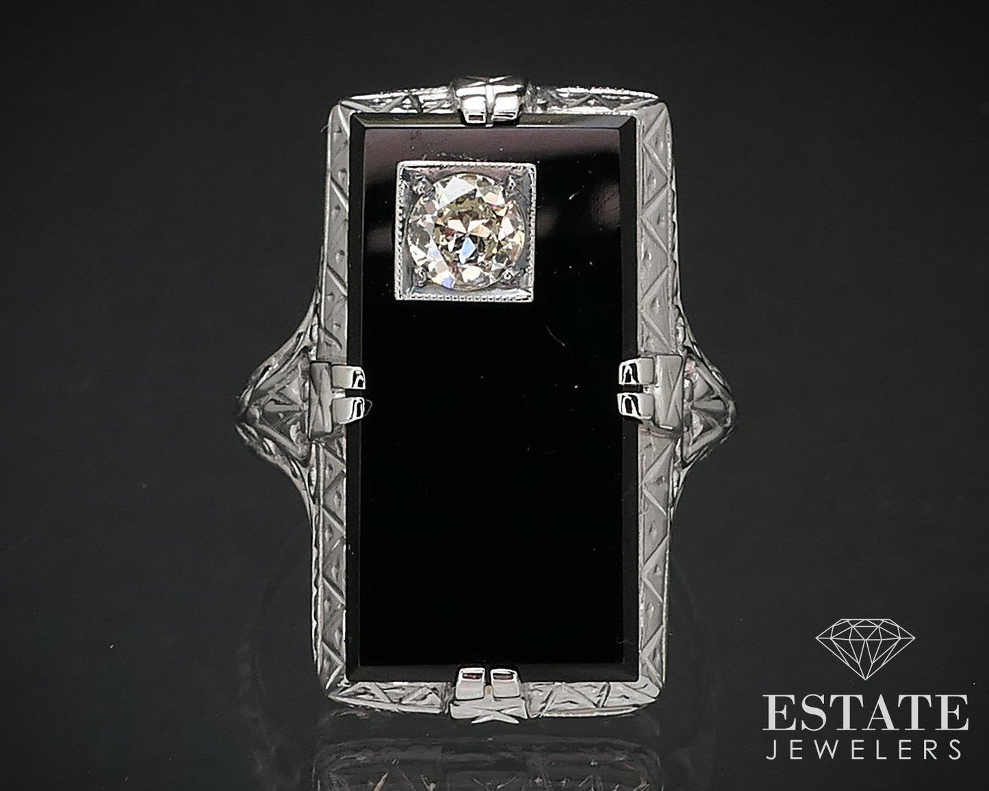 Antique 18k White Gold Black Onyx & .25ct Diamond Filigree Ring 4.4g i16996