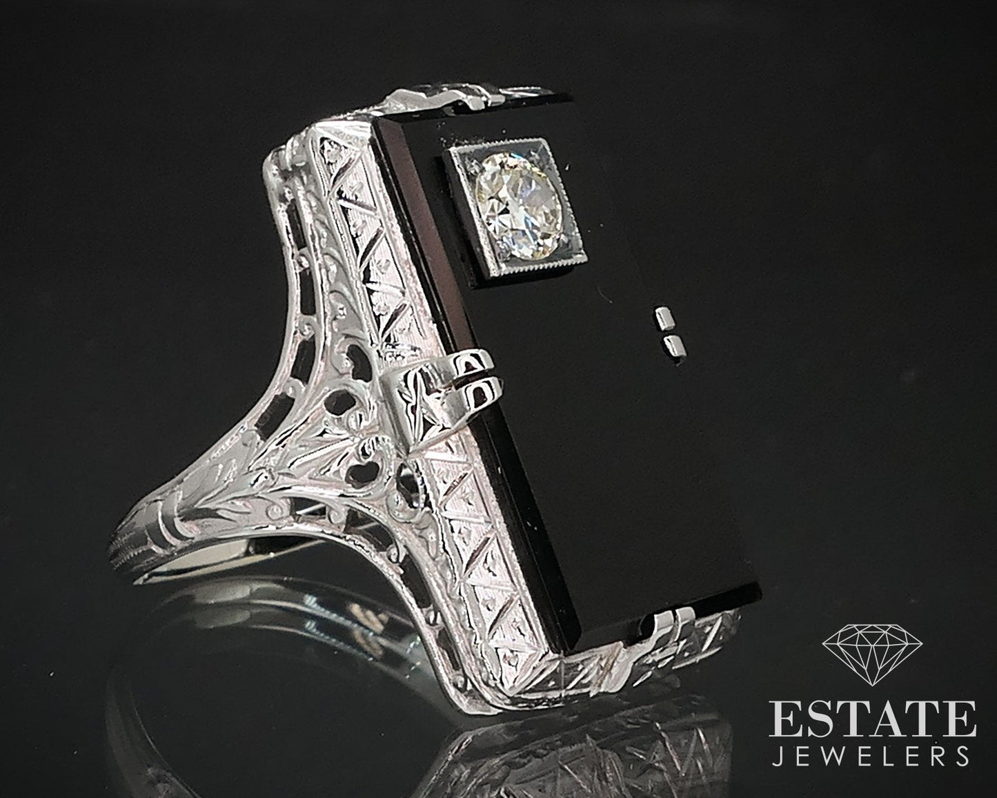 Antique 18k White Gold Black Onyx & .25ct Diamond Filigree Ring 4.4g i16996