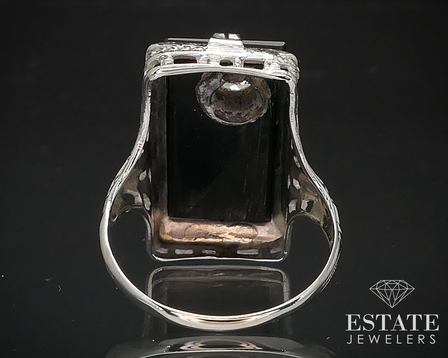 Antique 18k White Gold Black Onyx & .25ct Diamond Filigree Ring 4.4g i16996
