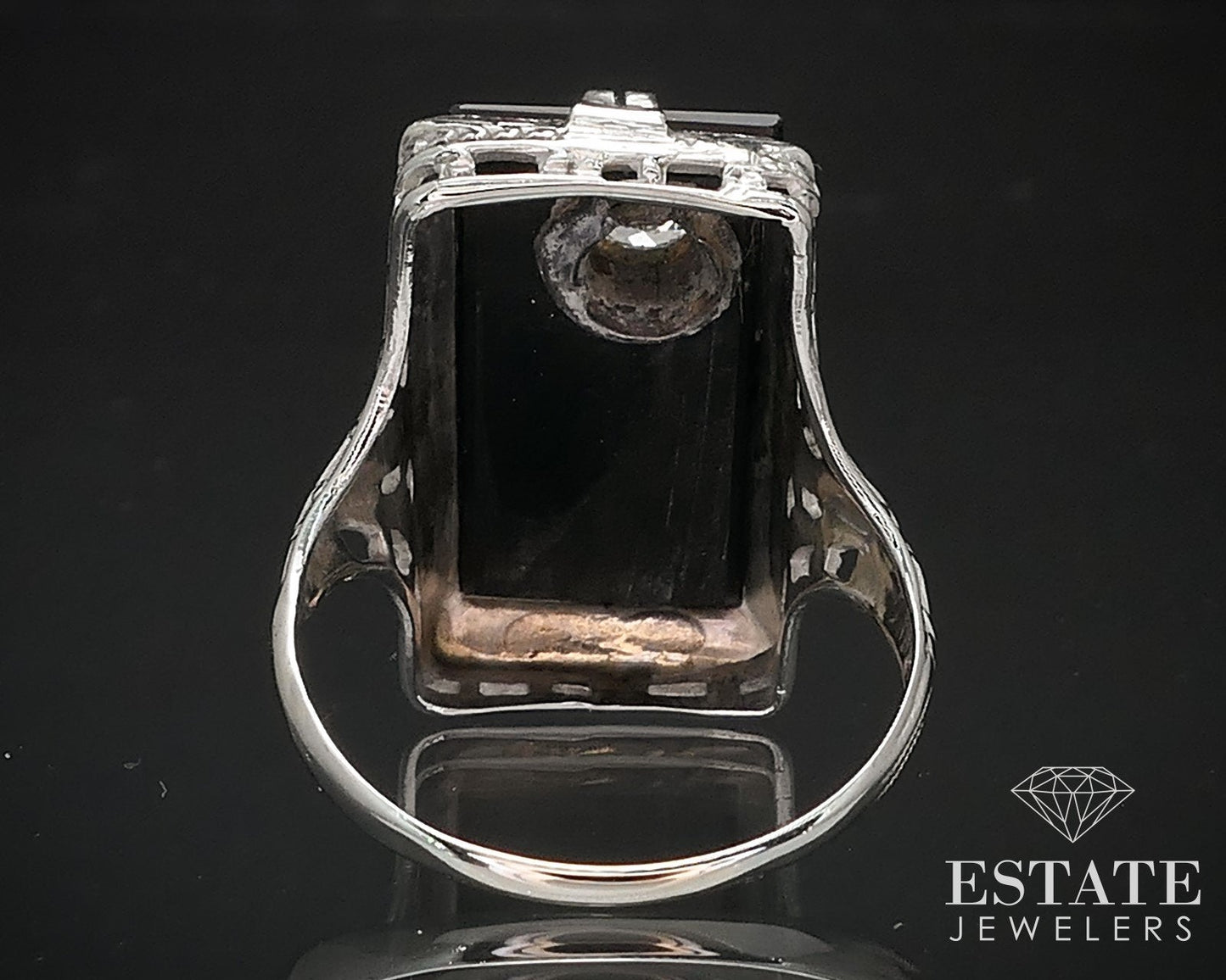 Antique 18k White Gold Black Onyx & .25ct Diamond Filigree Ring 4.4g i16996