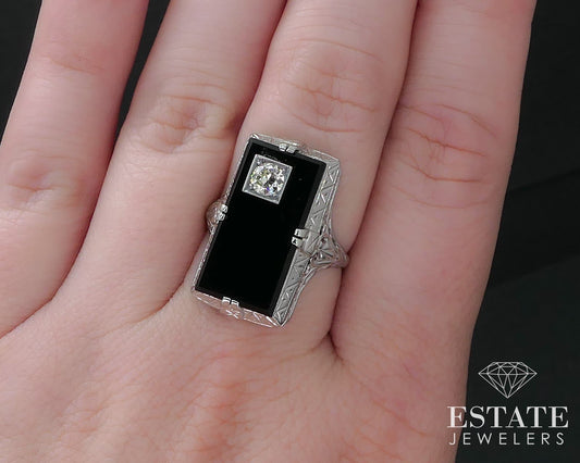 Antique 18k White Gold Black Onyx & .25ct Diamond Filigree Ring 4.4g i16996