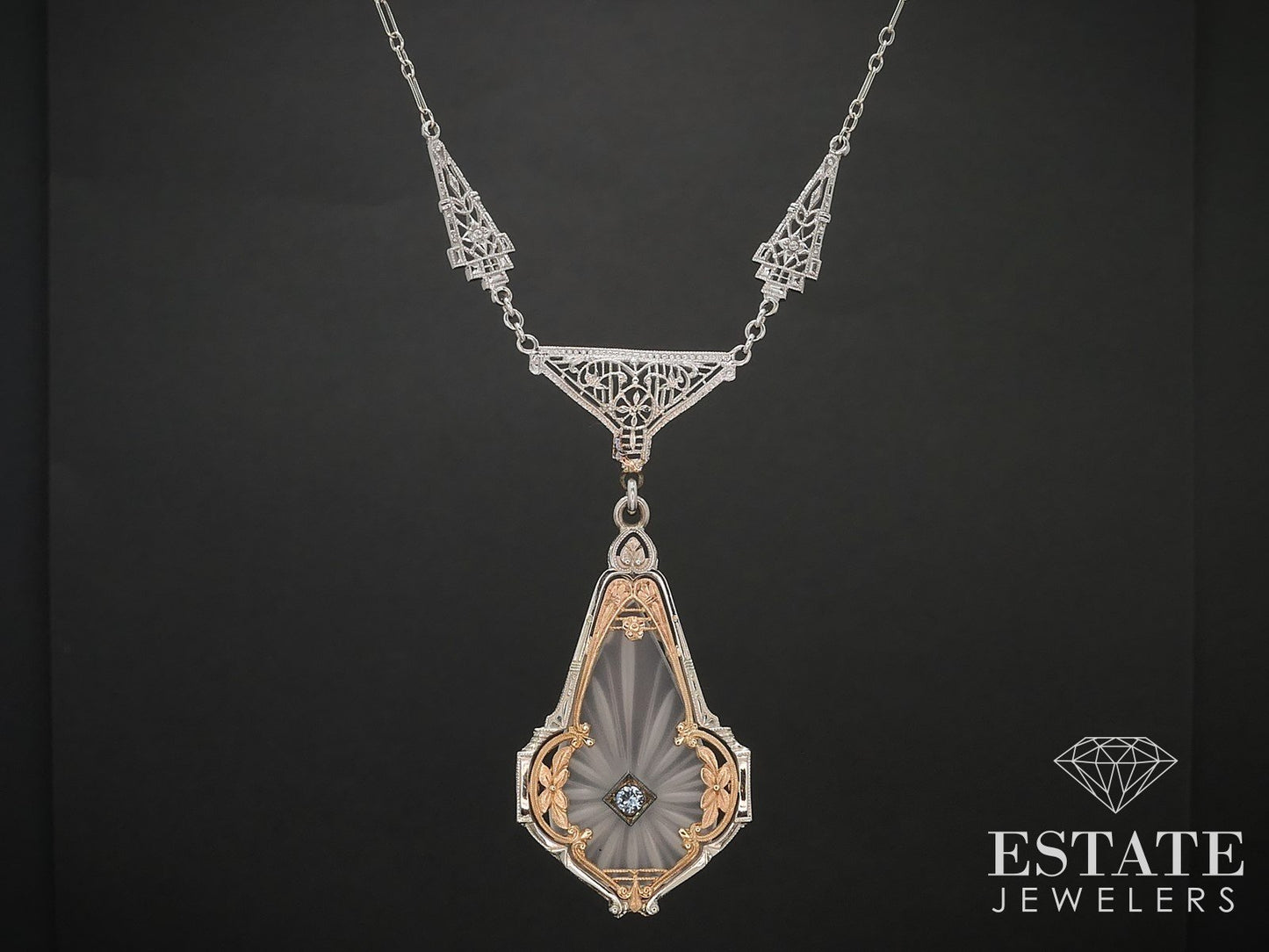 Antique 14k Two Tone Gold Rock Crystal Quartz Filigree Necklace 7.6g 18"L i16999