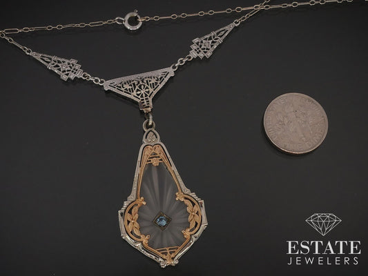 Antique 14k Two Tone Gold Rock Crystal Quartz Filigree Necklace 7.6g 18"L i16999