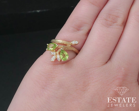 14k Yellow Gold Natural Peridot & Diamond Bypass Ladies Ring 3.3g i17005