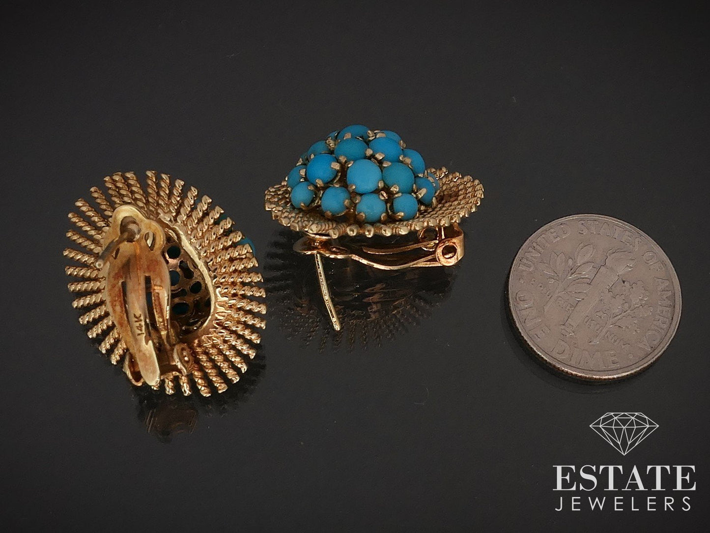 Vintage 14k Yellow Gold Natural Turquoise Cluster Sunburst Earrings 10.4g i17003