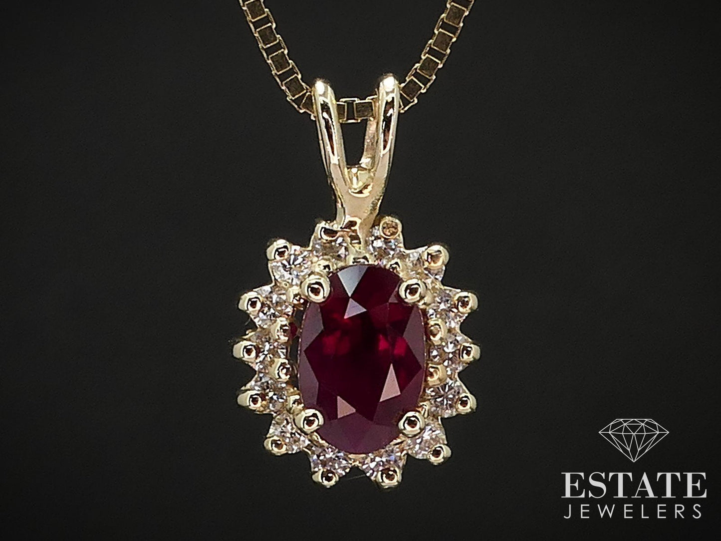 14k Yellow Gold Natural Ruby & Diamond Halo Ladies Necklace 2.9g 18"L i17012