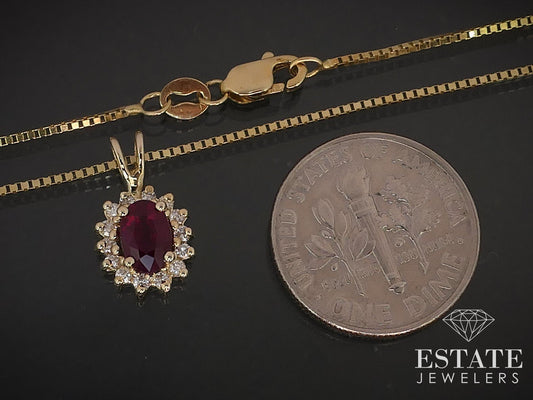 14k Yellow Gold Natural Ruby & Diamond Halo Ladies Necklace 2.9g 18"L i17012