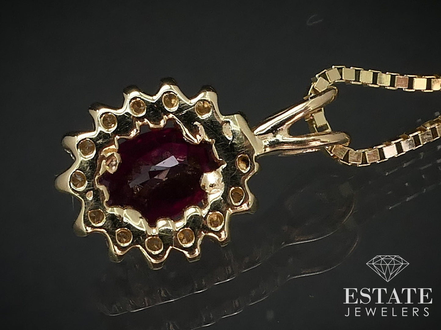 14k Yellow Gold Natural Ruby & Diamond Halo Ladies Necklace 2.9g 18"L i17012