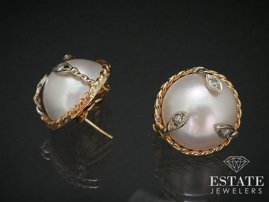 14k Yellow Gold 16mm Mabe Pearl & Diamond Button Stud Earrings 13.6g i17011