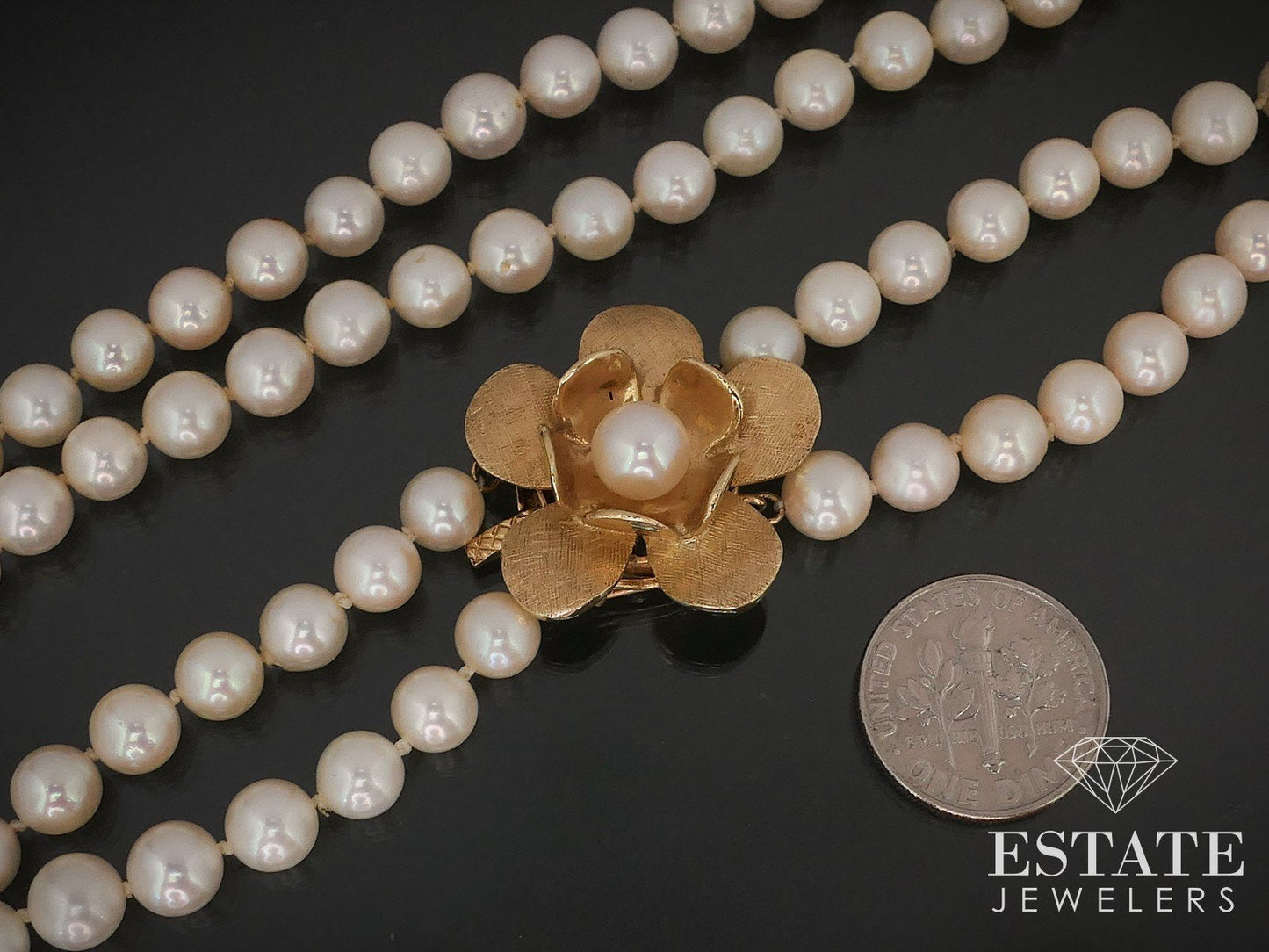 14k Yellow Gold 6mm Cultured Akoya Pearl Double Strand Necklace 34"L i17009