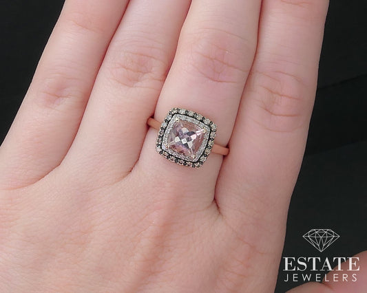 10k Rose Gold Cushion Natural Morganite & Diamond Halo Ring 2.4g i17030