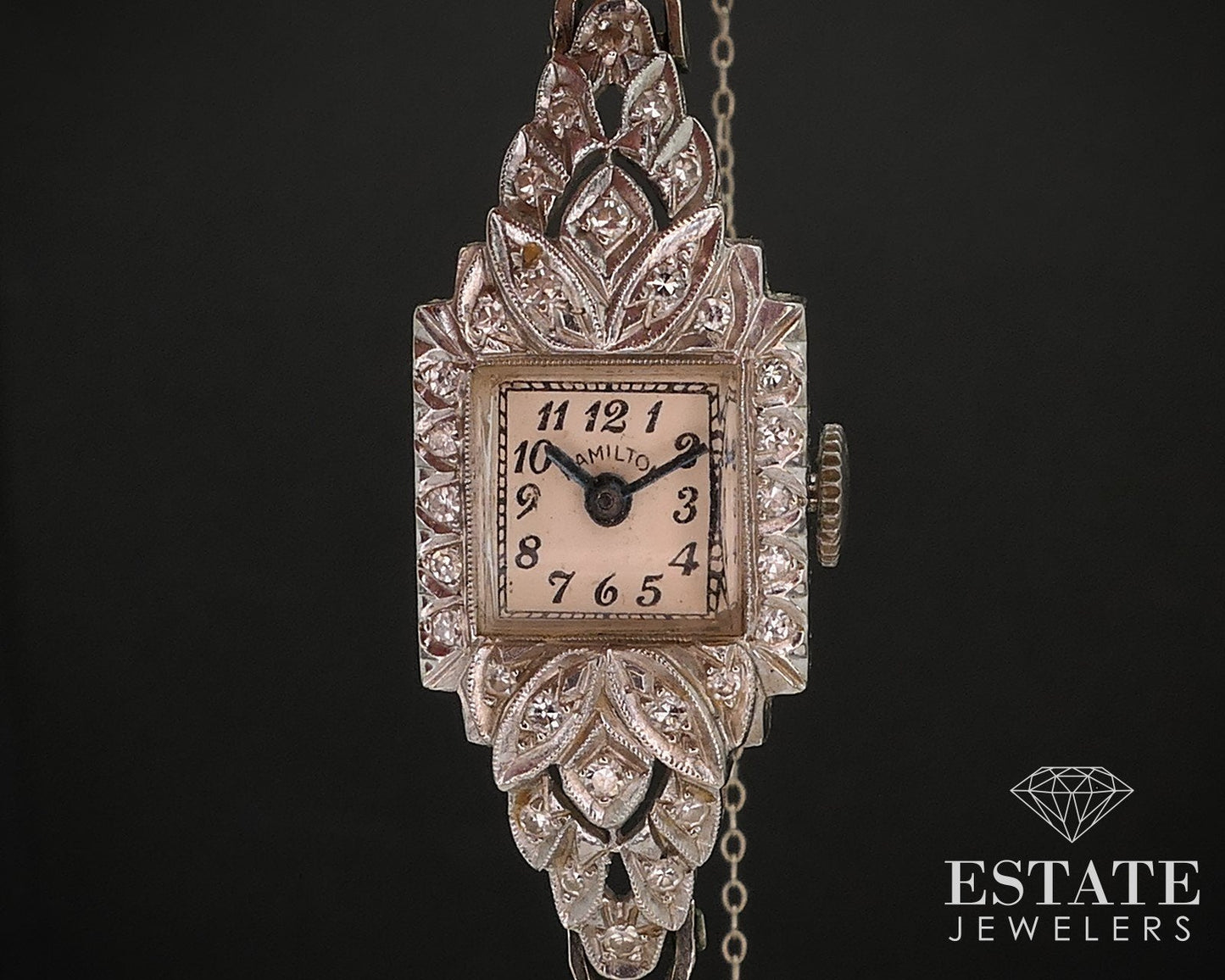 Antique 14k White Gold Natural .50ctw Diamond Hamilton Ladies Watch i17068