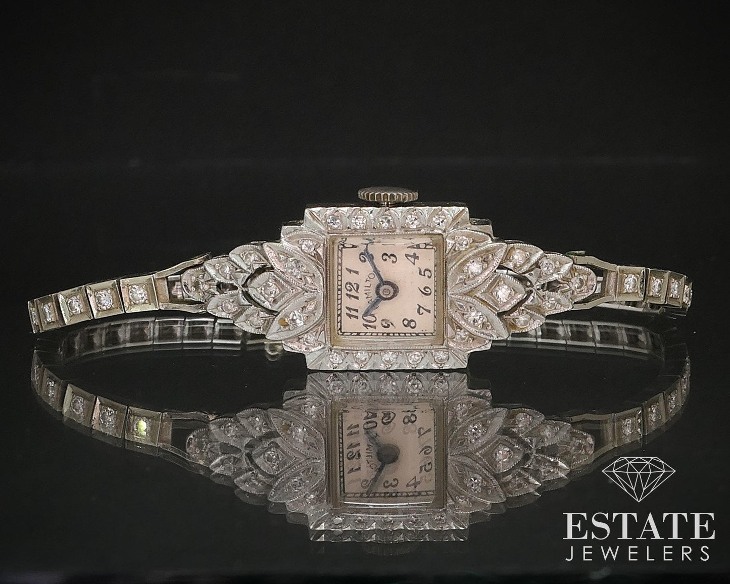 Antique 14k White Gold Natural .50ctw Diamond Hamilton Ladies Watch i17068