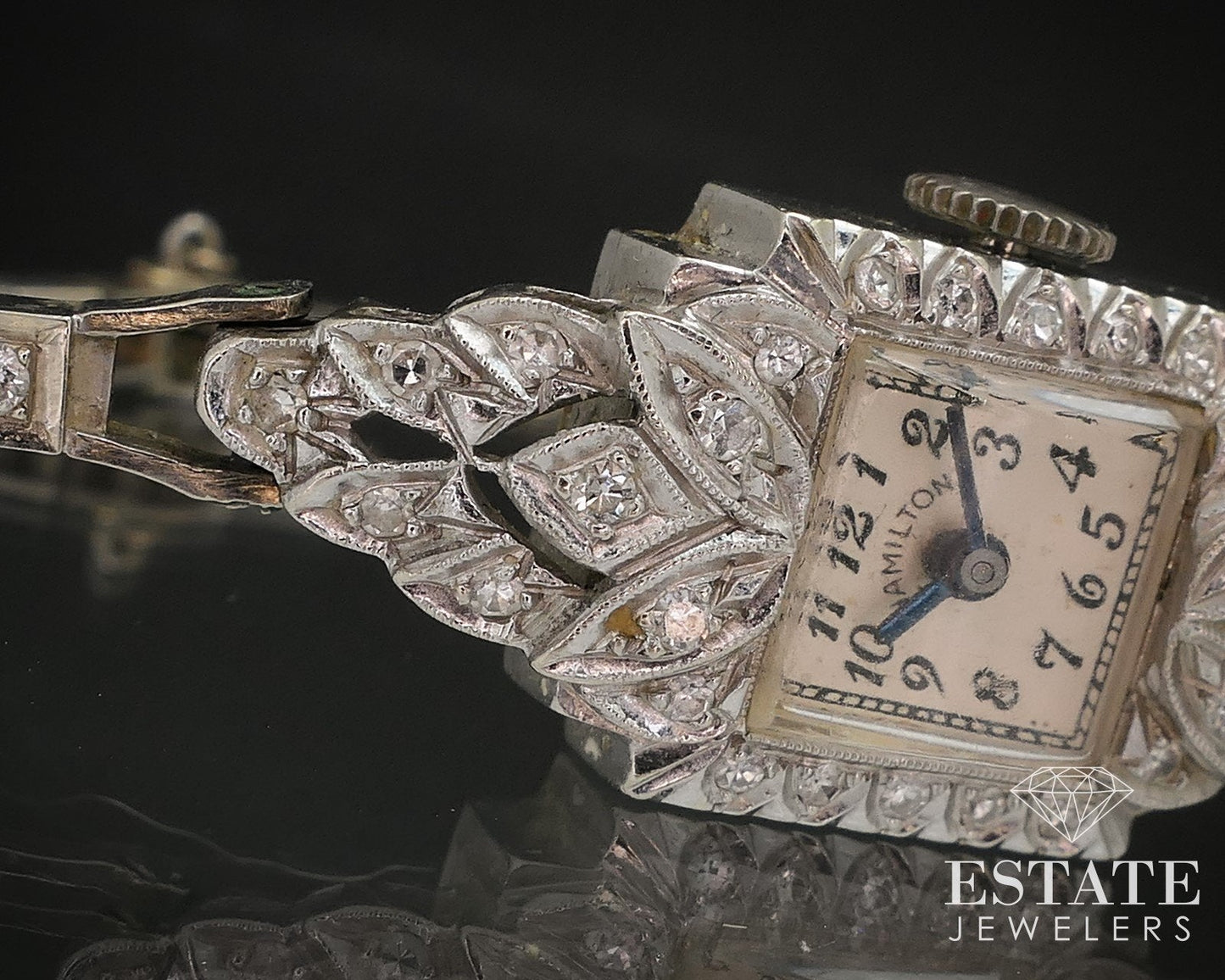 Antique 14k White Gold Natural .50ctw Diamond Hamilton Ladies Watch i17068
