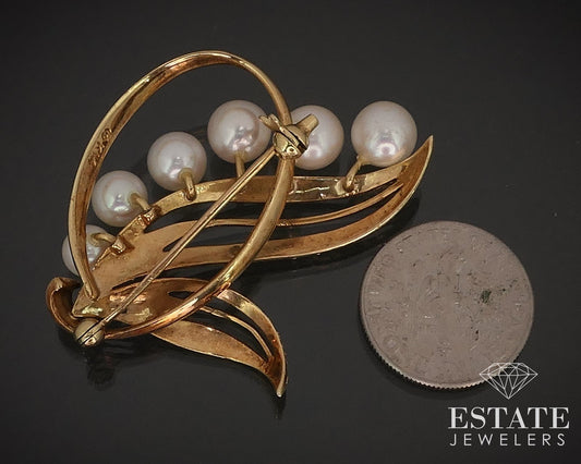 Vintage 14k Yellow Gold Mikimoto Akoya Pearl Spray Leaf Pin Brooch 8.3g i17106