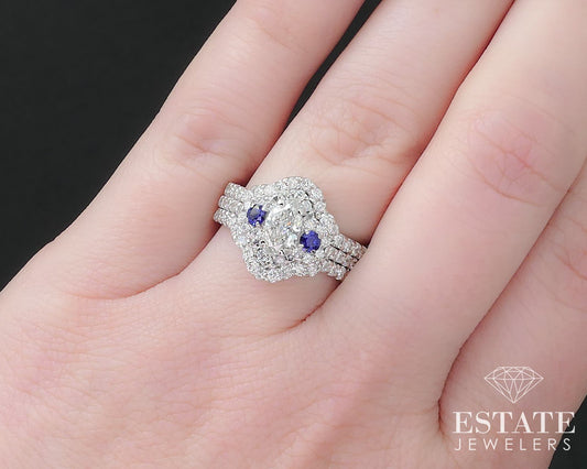 18k White Gold Marquise Natural 1.44ctw Diamond Sapphire Wedding Set 8.4g i17110