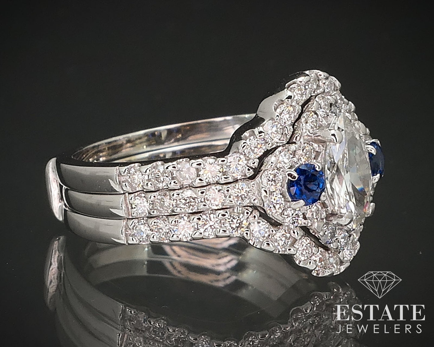 18k White Gold Marquise Natural 1.44ctw Diamond Sapphire Wedding Set 8.4g i17110