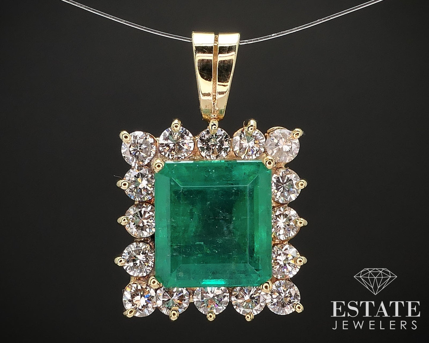 18k Yellow Gold IGI Natural 4.17ct Emerald & Diamond Halo Pendant 5.7g i17117
