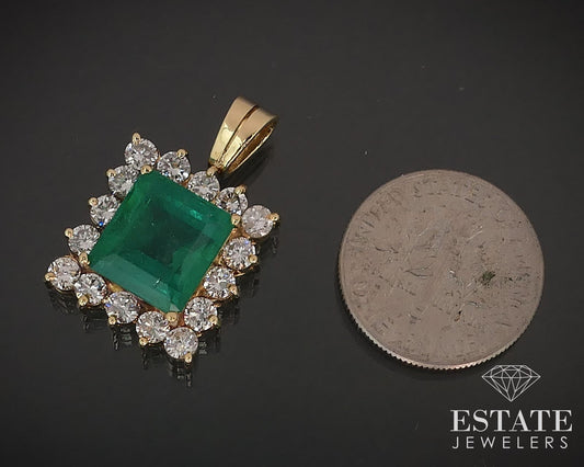 18k Yellow Gold IGI Natural 4.17ct Emerald & Diamond Halo Pendant 5.7g i17117