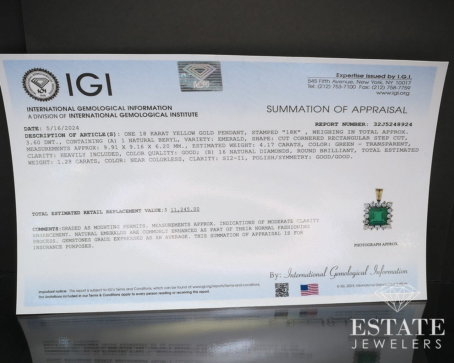 18k Yellow Gold IGI Natural 4.17ct Emerald & Diamond Halo Pendant 5.7g i17117