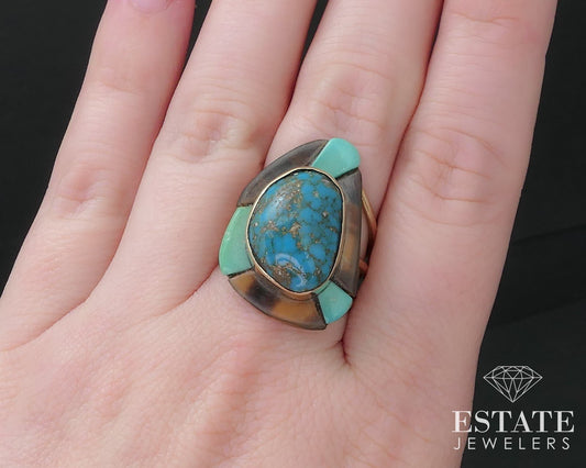 14k Yellow Gold Natural Turquoise Sam Begay Navajo Ring 8.9g i17166
