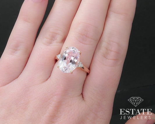 14k Rose Gold Oval Natural 6ct Kunzite & Diamond Ladies Ring 4.2g i17170