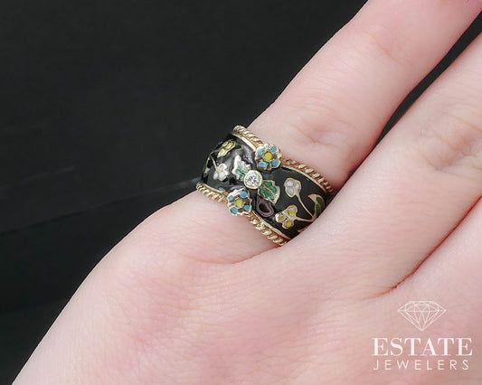 Antique 12k Yellow Gold Natural Diamond Enameled Band Ring 8.8g i17163