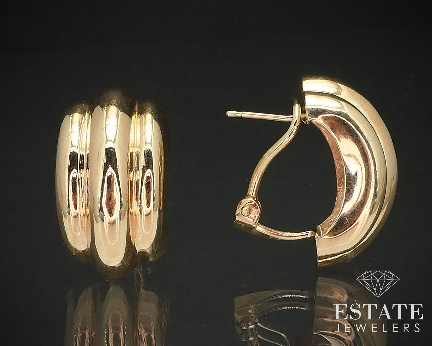 14k Yellow Gold Puffy Ribbed Omega Back Ladies Earrings 5.2g i17121b