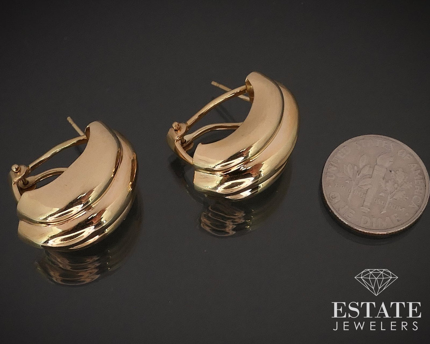 14k Yellow Gold Puffy Ribbed Omega Back Ladies Earrings 5.2g i17121b