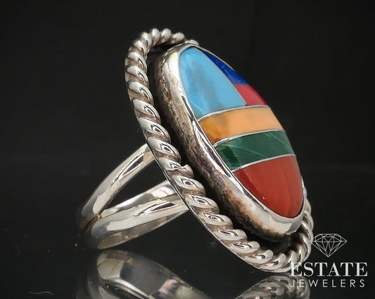 Vintage Sterling Navajo Natural Multi Gem Willie Saiz Large Ring 11g i17287