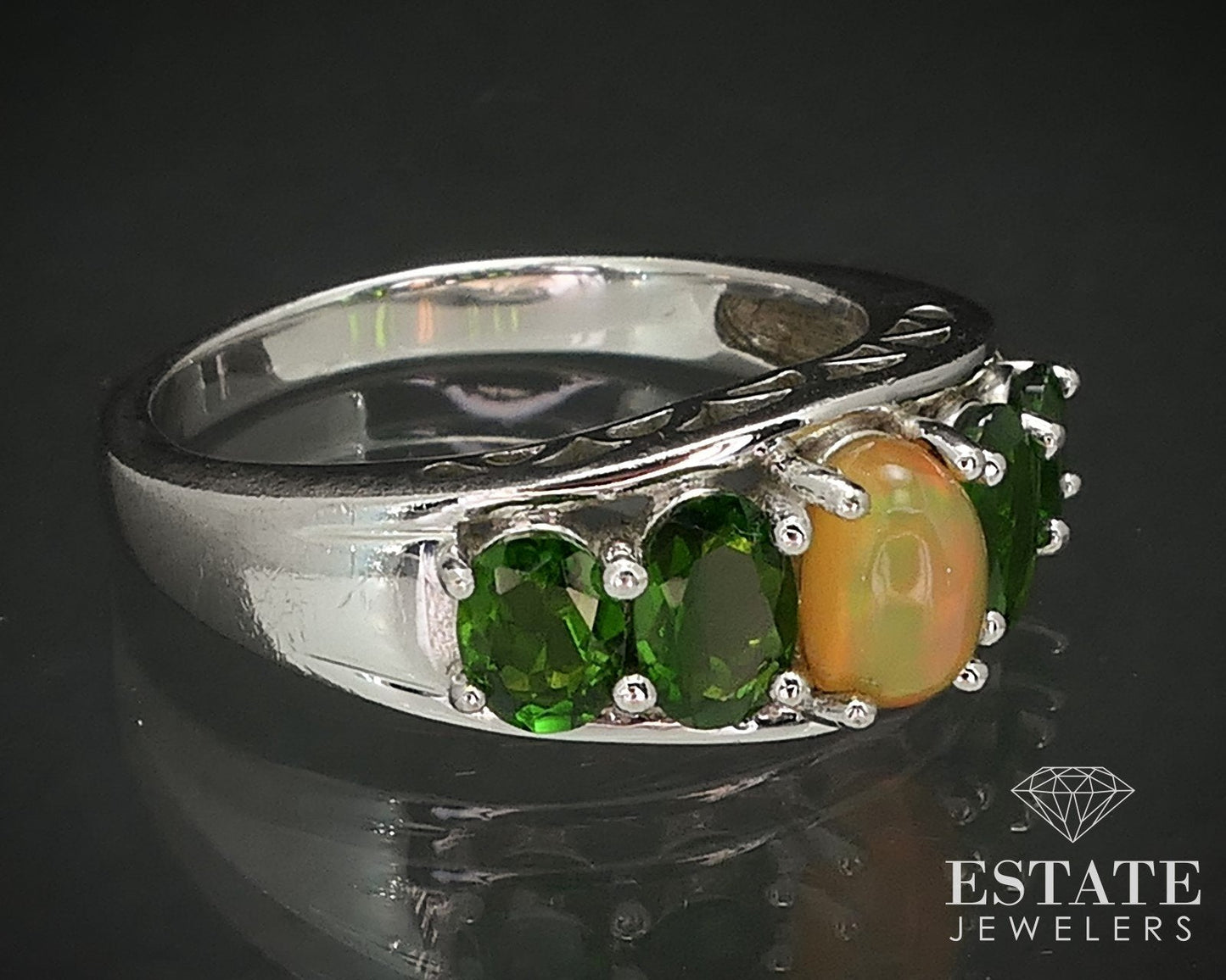 Sterling Natural Jelly Opal & Chrome Diopside Kit Heath Ladies Ring 5.2g i17285