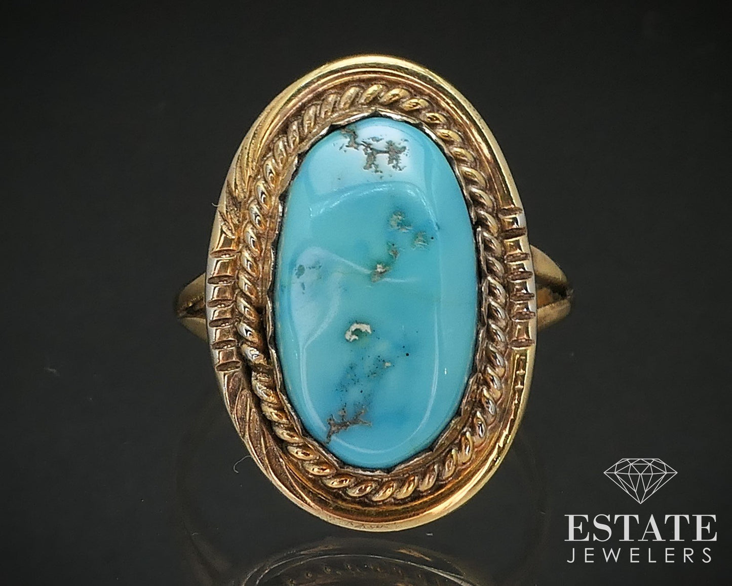 Vintage Sterling Vermeil Signed Navajo Natural Turquoise Ring 4.9g i17284