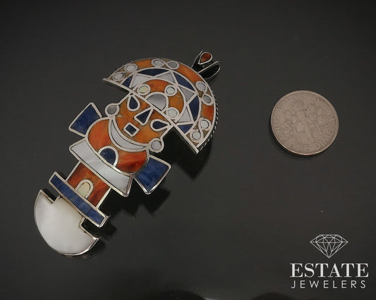 Vintage Sterling 950 Mexico Multi Gem Totem Pendant 15.9g i17276
