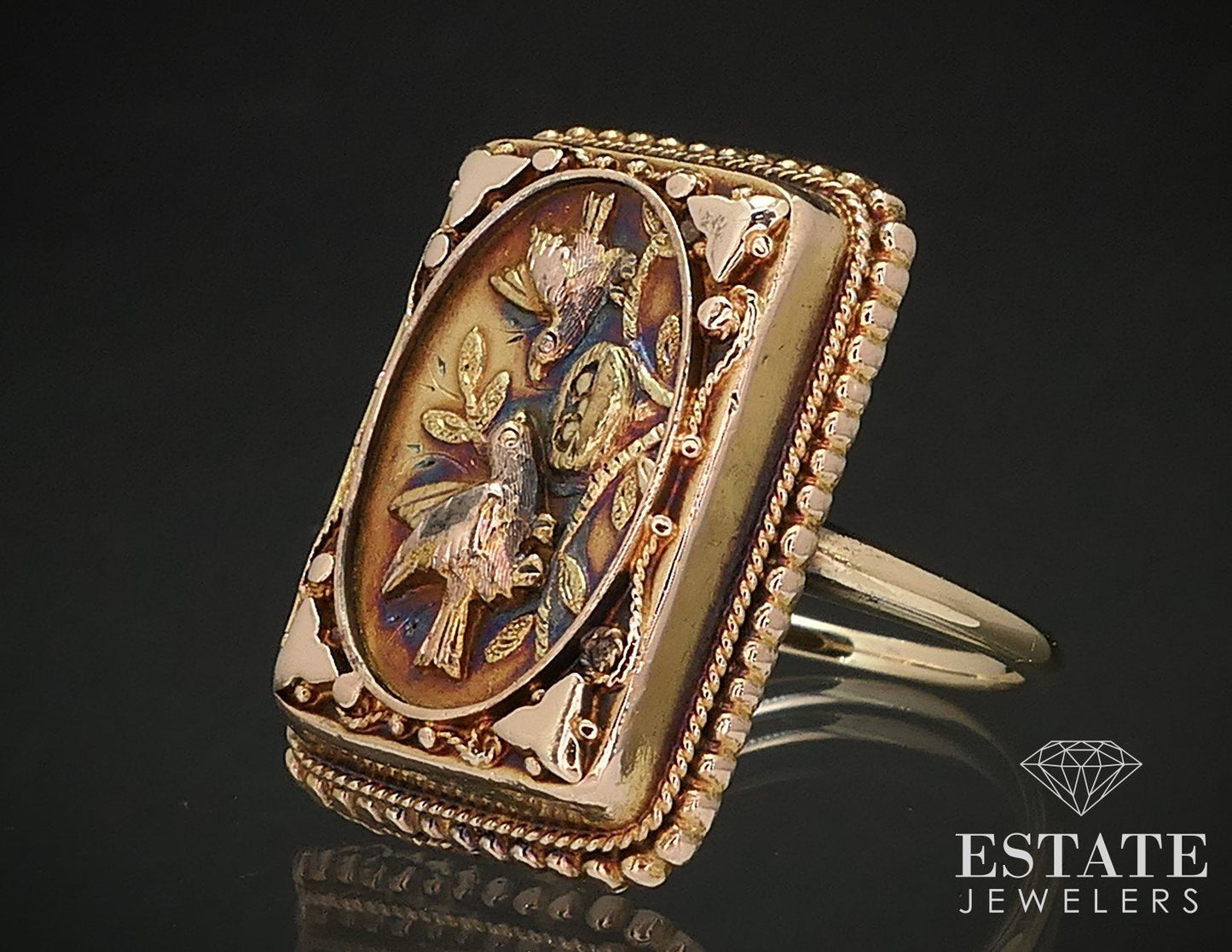 Antique Victorian 14k Yellow Gold Bird & Nest Ladies Shield Ring 6.2g i17248