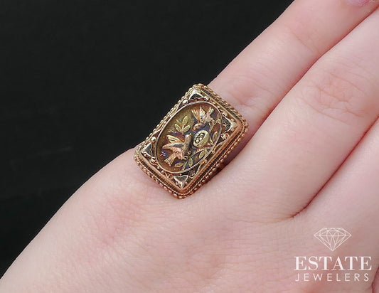 Antique Victorian 14k Yellow Gold Bird & Nest Ladies Shield Ring 6.2g i17248