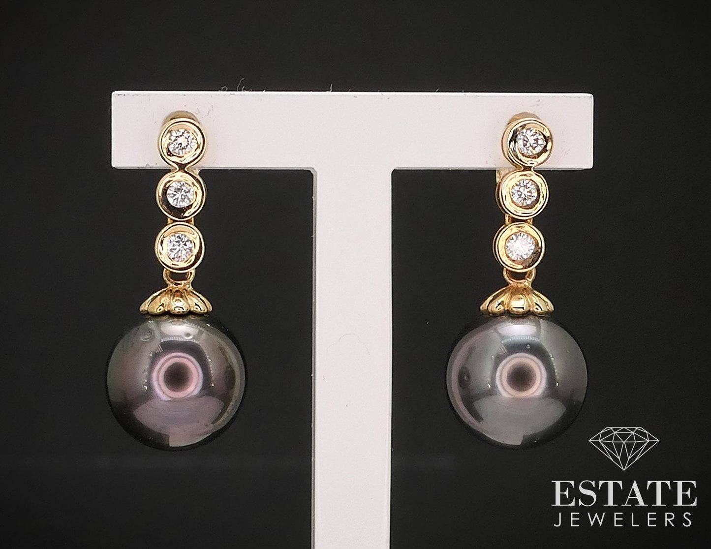 14k Yellow Gold 8.8mm Cultured Black Pearl & Diamond Dangle Earrings 3.3g i17256
