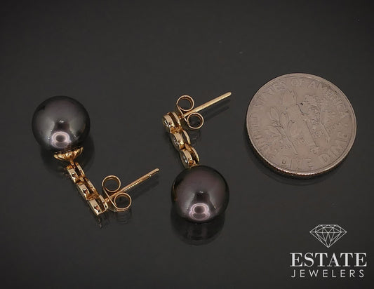 14k Yellow Gold 8.8mm Cultured Black Pearl & Diamond Dangle Earrings 3.3g i17256