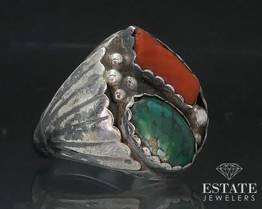 Vintage Sterling Silver Navajo Natural Turquoise & Coral Mens Ring 20.6g i17350
