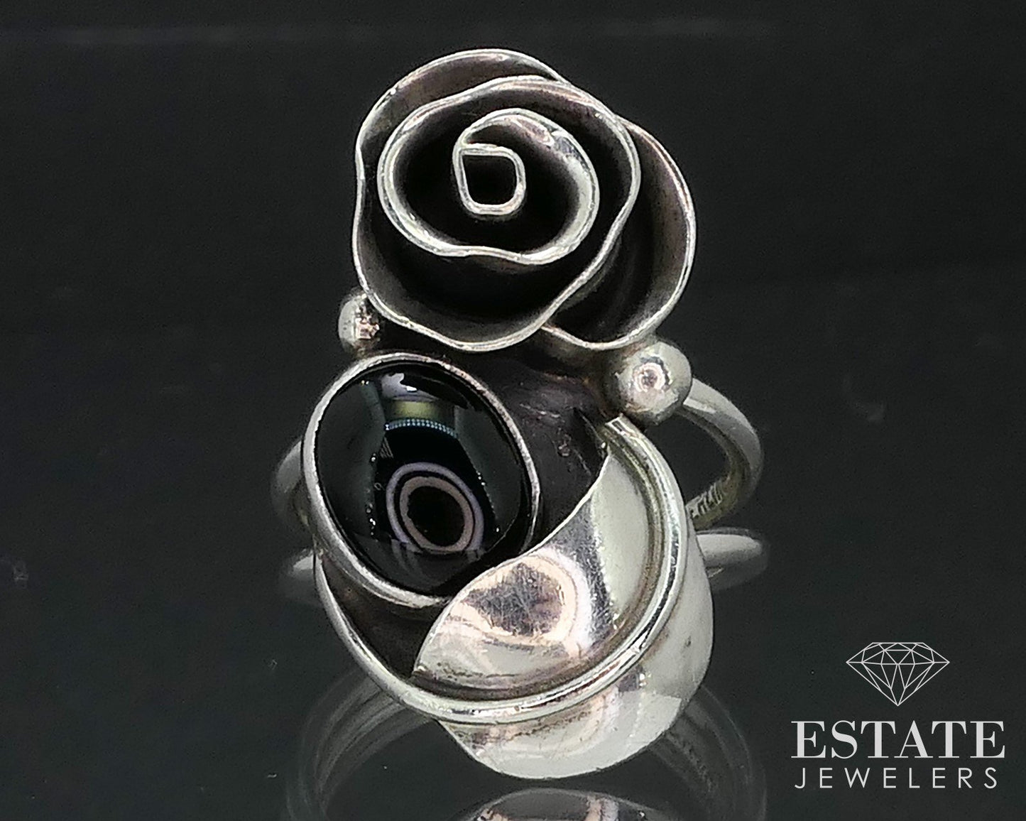 Vintage Sterling Silver Signed Natural Black Onyx Navajo Ladies Ring 7.1g i17346