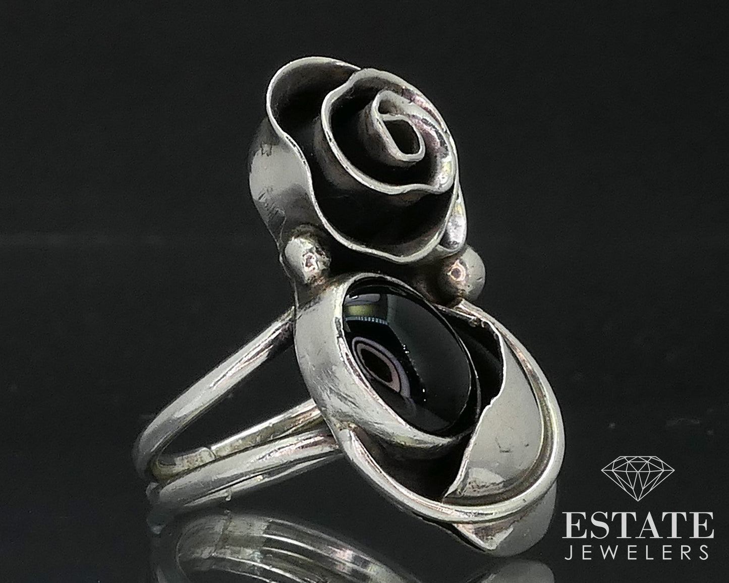 Vintage Sterling Silver Signed Natural Black Onyx Navajo Ladies Ring 7.1g i17346