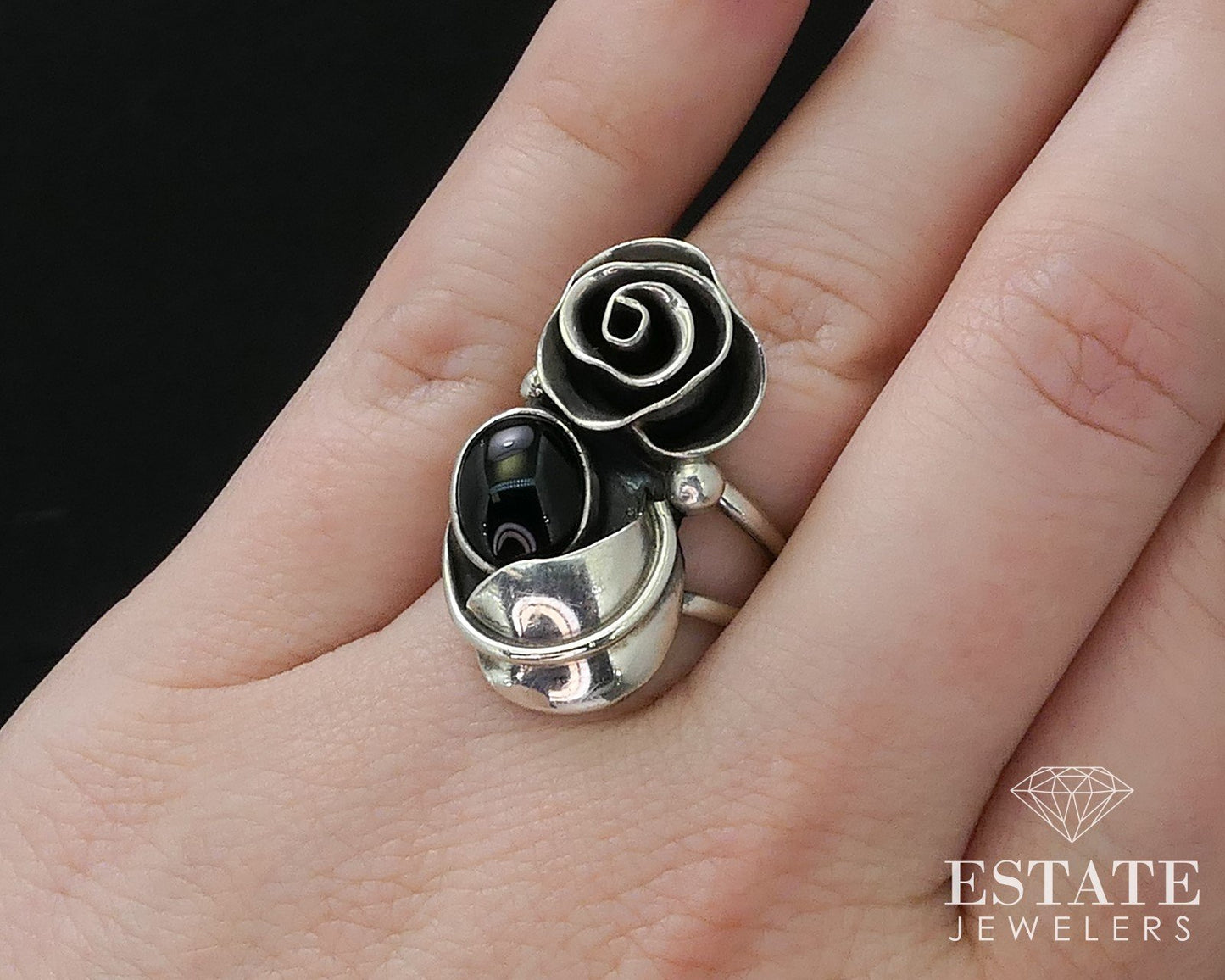 Vintage Sterling Silver Signed Natural Black Onyx Navajo Ladies Ring 7.1g i17346