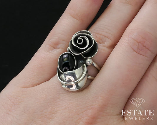 Vintage Sterling Silver Signed Natural Black Onyx Navajo Ladies Ring 7.1g i17346