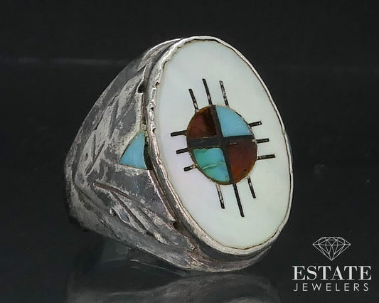 Vintage Sterling Zuni Multi Gem Large Mens Band Ring 16.7g i17344