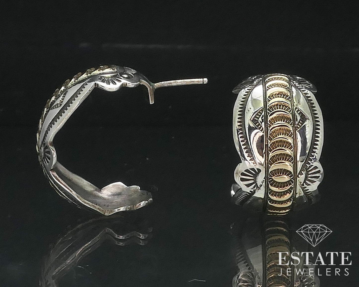 Vintage 14k & Sterling James Pioche Navajo Half Hoop Earrings 9.8g i17336