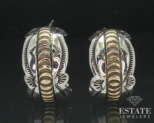 Vintage 14k & Sterling James Pioche Navajo Half Hoop Earrings 9.8g i17336
