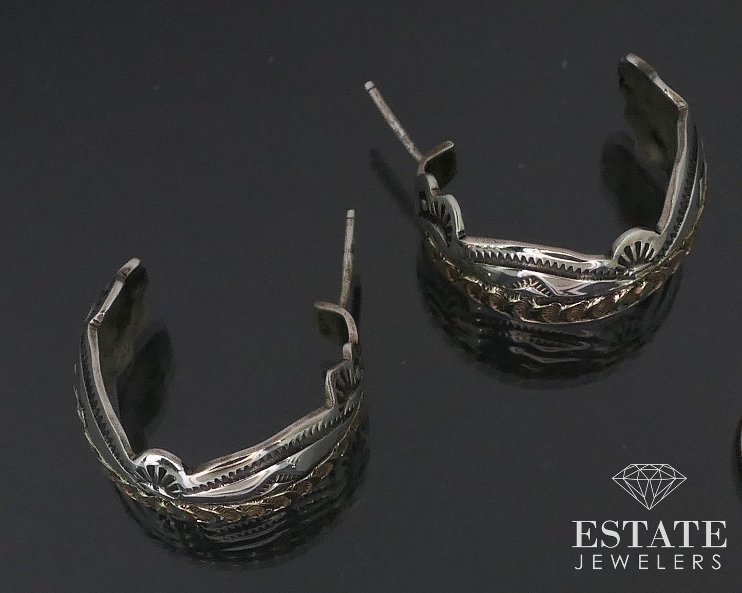 Vintage 14k & Sterling James Pioche Navajo Half Hoop Earrings 9.8g i17336