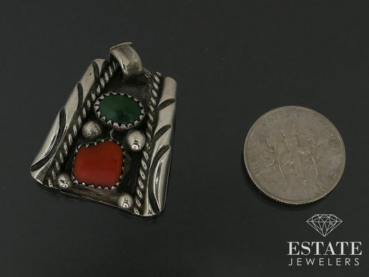 Vintage Sterling Mike Thomas Jr Navajo Turquoise Coral Pendant 8.3g i17335