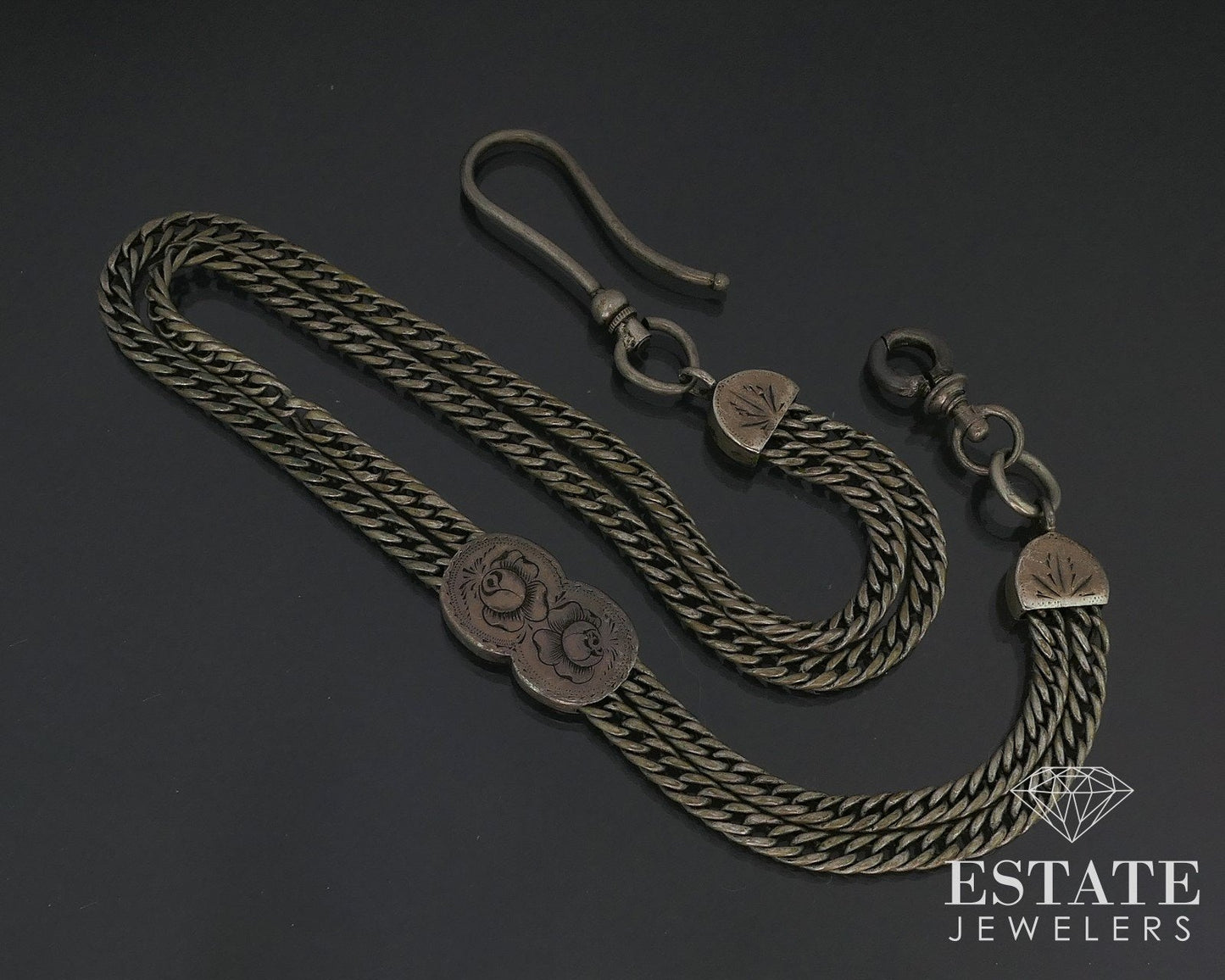 Antique Victorian Sterling Double Chain Slide Charm Watch Fob 28.9g 14"L i17333