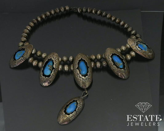 Vintage Sterling Natural Turquoise Navajo Squash Blossom Necklace 75g i17332