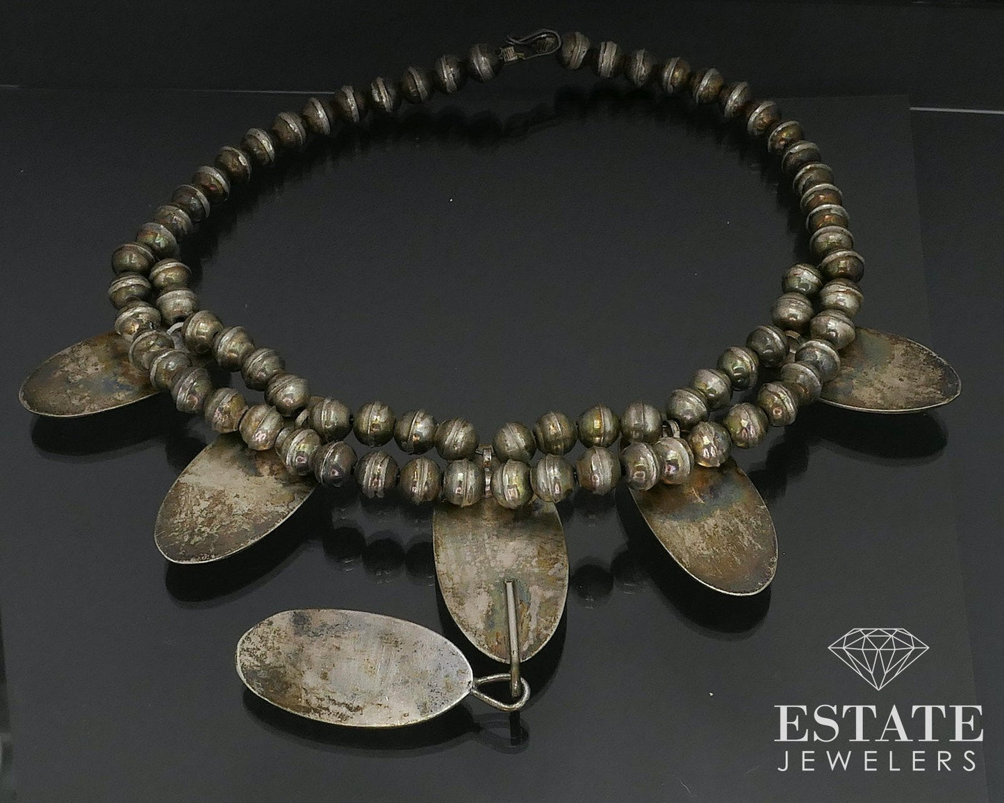 Vintage Sterling Natural Turquoise Navajo Squash Blossom Necklace 75g i17332